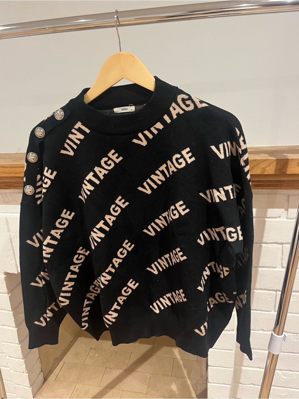 Black 'VINTAGE' Button-Shoulder Crewneck Sweater